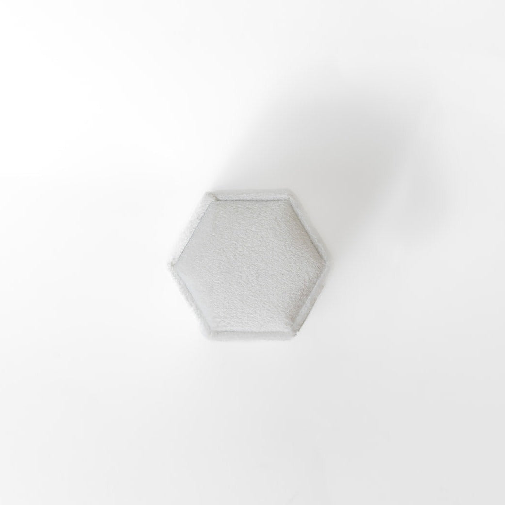 The outside of a white hexagon ring box.