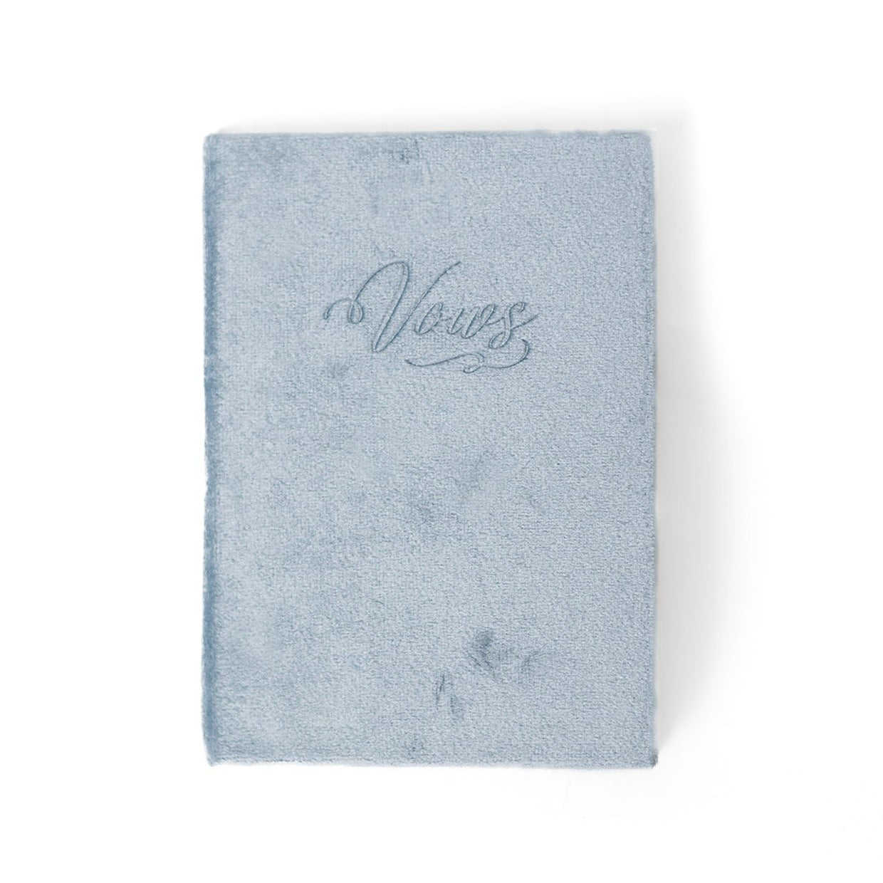 A powder blue vow book with the word "Vows" embossed on the front cover.