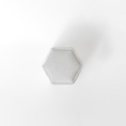 The outside of a white hexagon ring box.