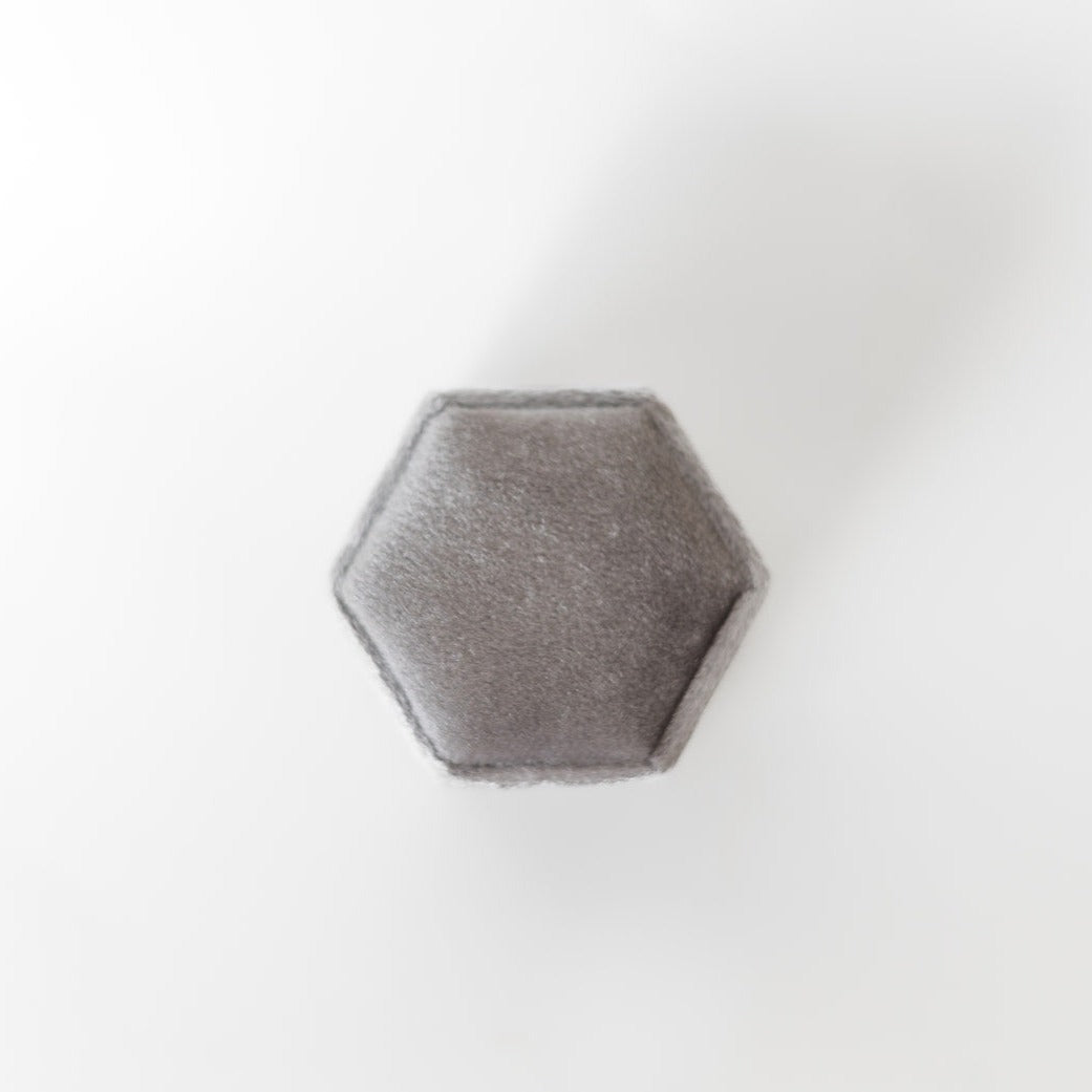 The outside of a silver hexagon ring box.