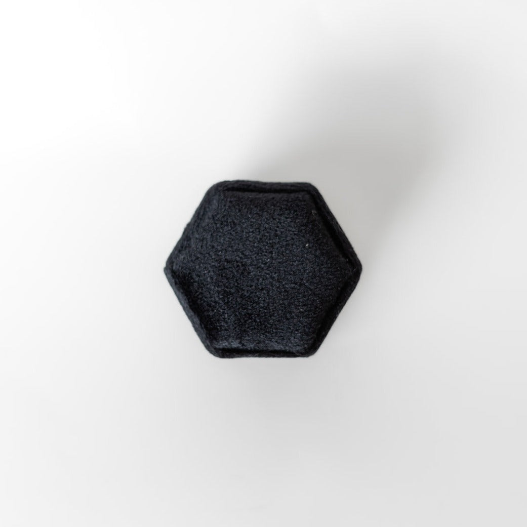 The outside of a black hexagon ring box.