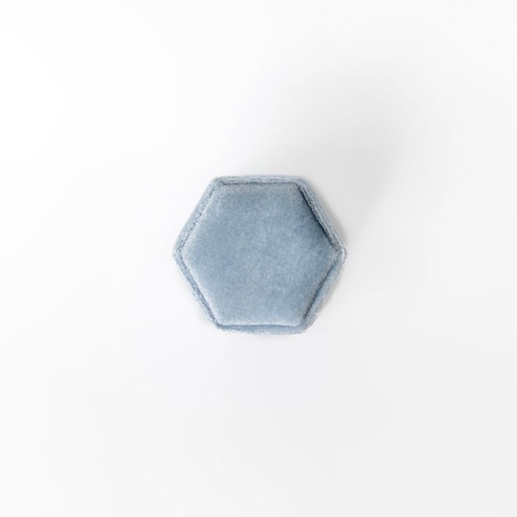The outside of a powder blue hexagon ring box.