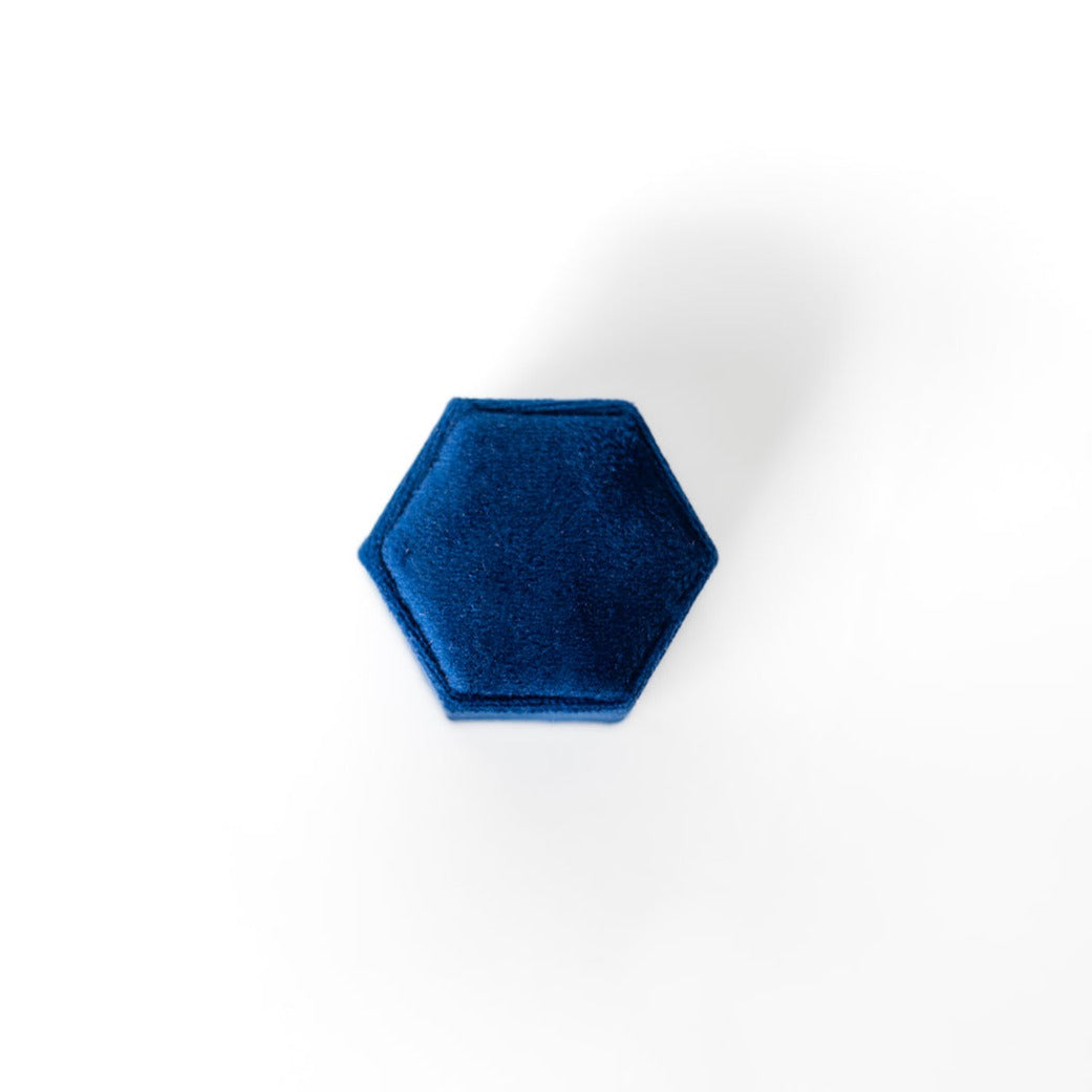 The outside of a sapphire hexagon ring box.