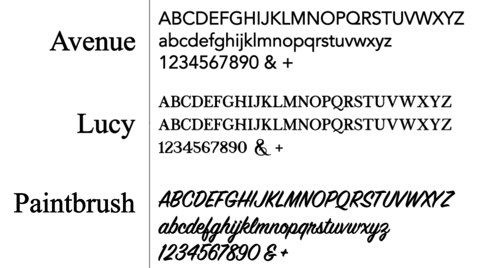 Different font options that are available for personalization.