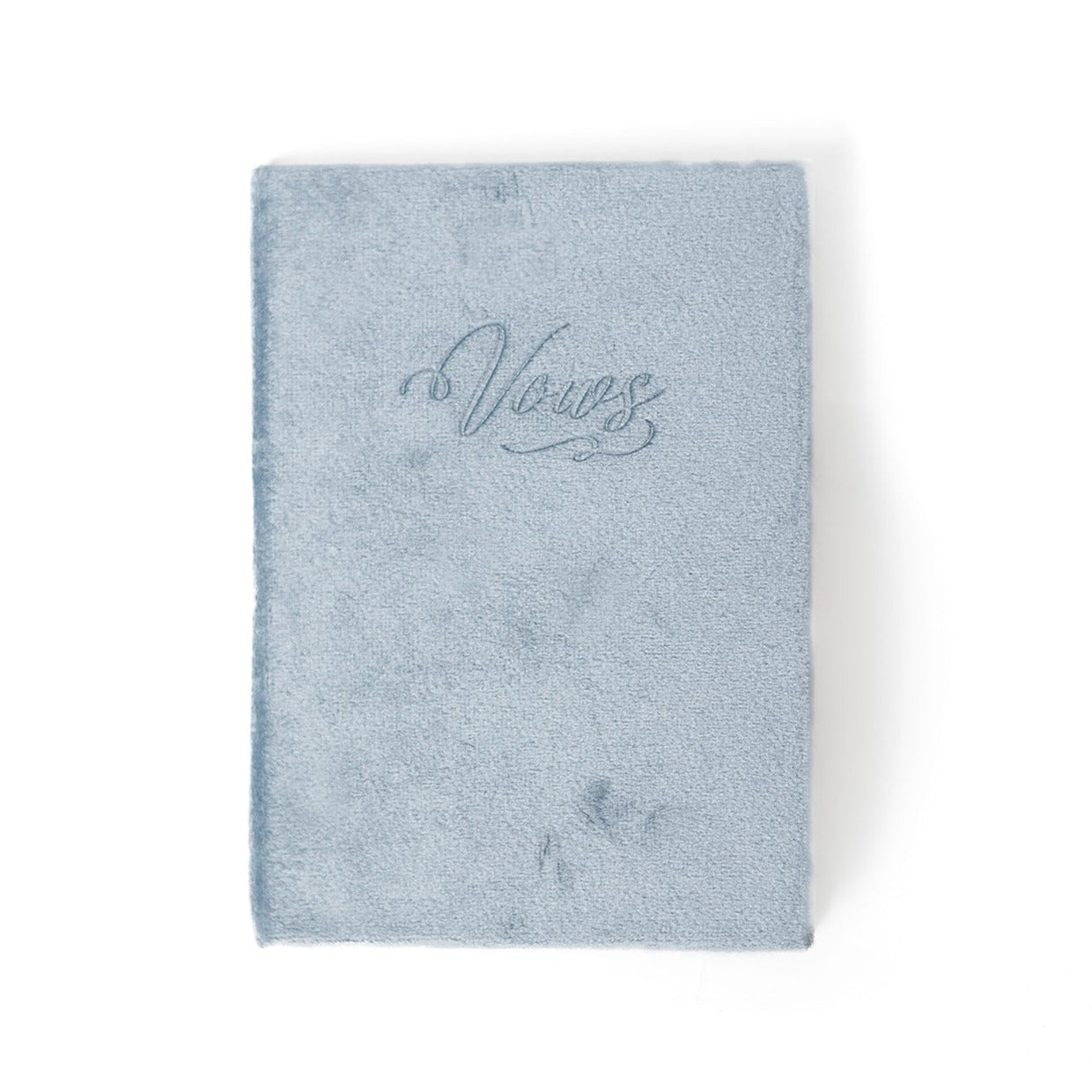 A powder blue vow book with the word "Vows" embossed on the front cover.