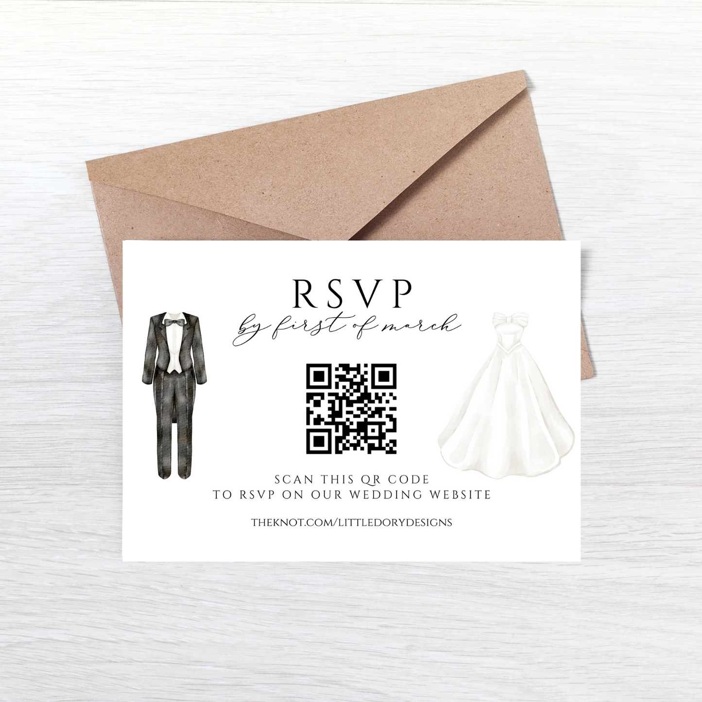 A white card sits on top of a kraft paper envelope against an off-white background. The card features a tuxedo on the left hand side, a wedding dress on the right and a QR code in the middle. Surrounding the QR code are details for guests.