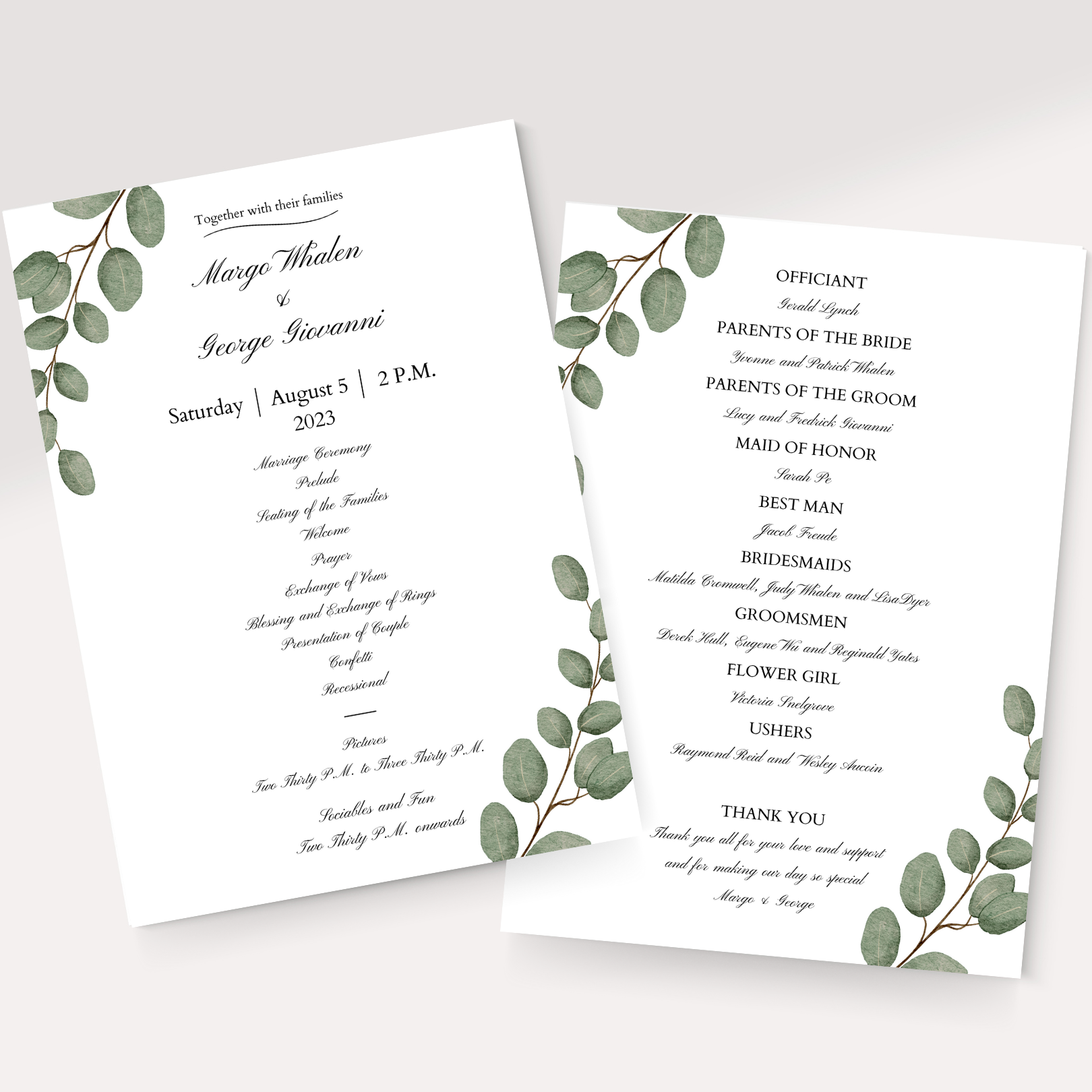A minimalist, white wedding program with branches of green eucalyptus lays on an off-white background.